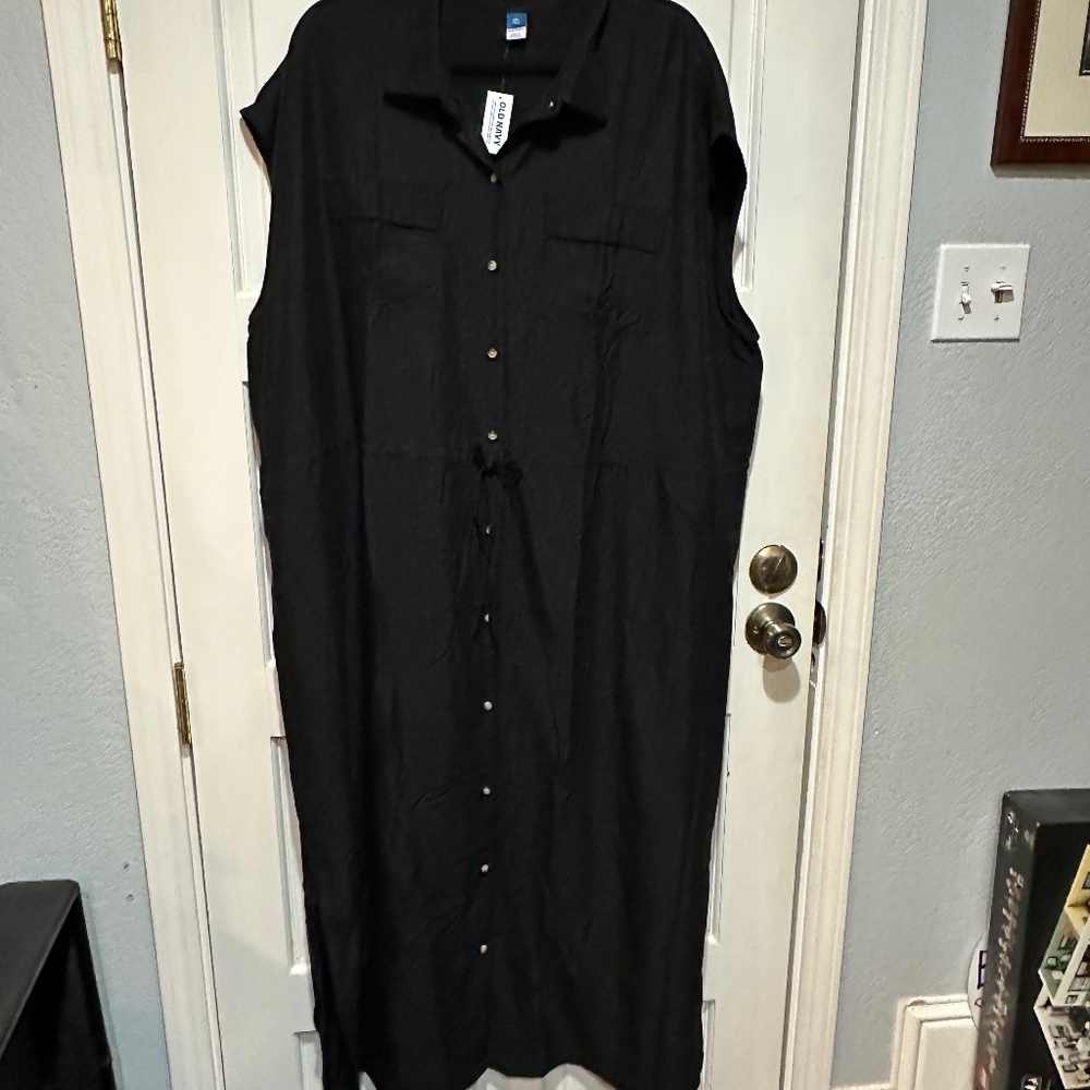 Old Navy Solid Black Cap Sleeve Maxi Dress Size XXL Tall Black Button Front New
